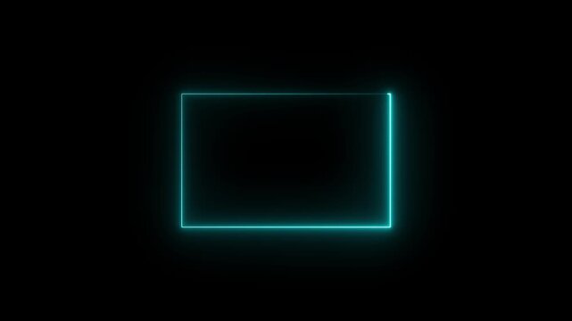 Neon glowing blue color square rectangle picture frame icon animation border frame shape rotating display screen. on a black background