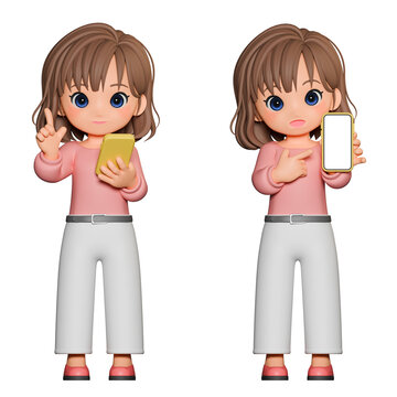 3D CG｜Happy Young Woman Using a Smartphone for Easy Online Procedures
