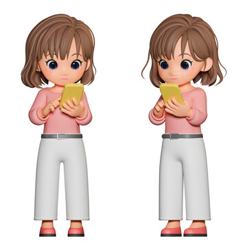 3D CG｜Cute Young Woman Using a Smartphone