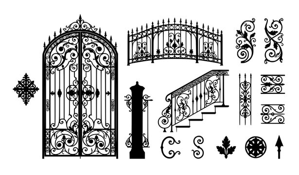 Elegant Antique Wrought Iron Gate Fence and Decorative Forged Elements Vector Illustration