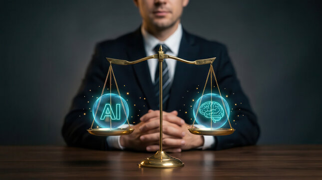 Businessman in suit seated behind scales of justice with glowing AI and digital law symbols, representing artificial intelligence, legal technology, automated justice, ethics,regulation and innovation