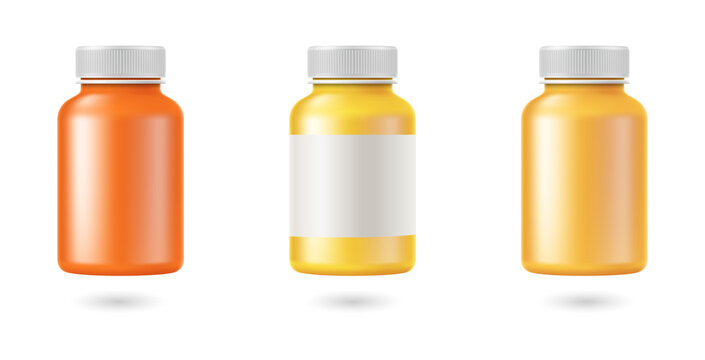 Three colorful plastic bottles for juice or supplement drinks on transparent background