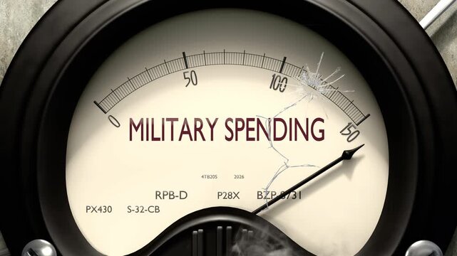Military spending meter showing big levels of military spending. Dangerously increasing high values of military spending, critical overload. Too much, off the charts. Max military spending