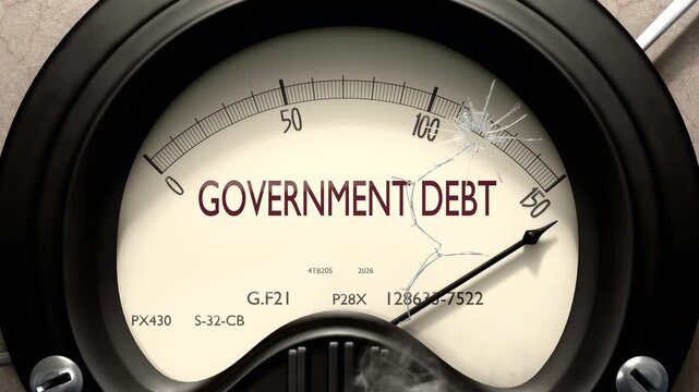 Government debt meter showing big levels of government debt. Dangerously increasing high values of government debt, critical overload. Too much, off the charts. Max government debt