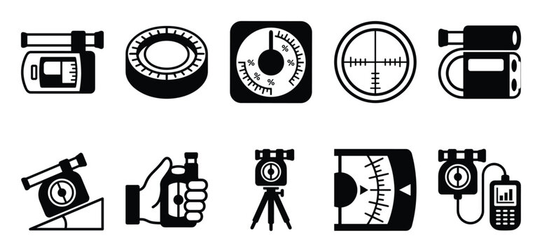 Clinometer icons vector set, surveying and angle measurement tools