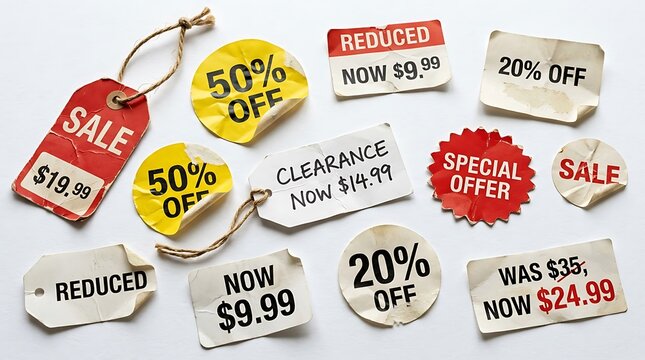 Selection of colourful sale tags and discount stickers on white surface with sale tag discount sticker price tag retail tag shopping label paper tag store price clearance tag merchandise tag