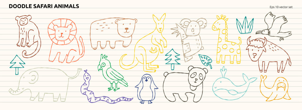Cute Doodle Safari Tropic Baby Animal Set. Tropical Jungle Safari Animal Kit. Tropic Animals Line Style Collection. Doodle Vector Illustration in Scrapbook Notebook Bg