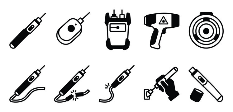 Electrical testing tools icon set, network fiber optic fault detection symbols
