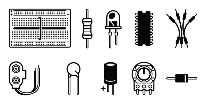Electronics prototyping components breadboard icons set