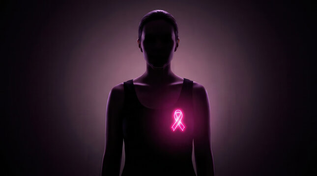 Dark silhouette of woman with glowing pink breast cancer ribbon over heart, symbolizing hope, strength, resilience, early detection, support, women's health and fight against cancer awareness