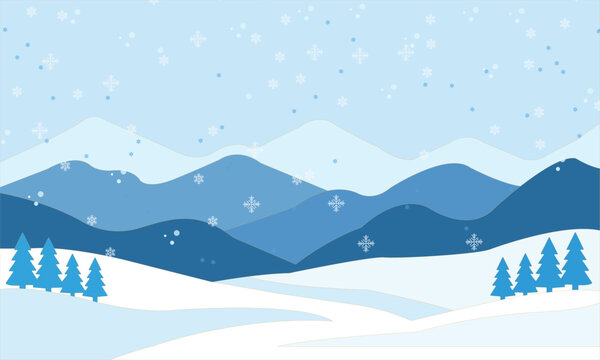 Winter landscape with snowy mountains, pine trees, falling snowflakes, and clear blue sky vector background illustration