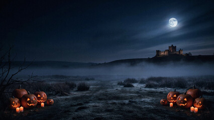 Halloween Jack-O-Lanterns in Misty Moorland Field with Distant Castle and Full Moon © ale studio 