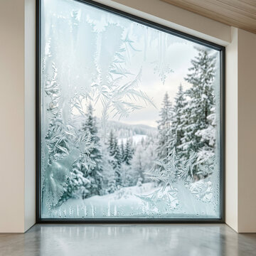 frosty winter scene through a large window with ice patterns