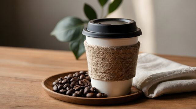 Takeaway coffee paper cup with fabric sleeve jacket