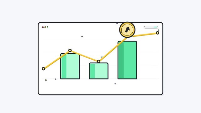 Web browser window displays rising bar chart and line graph with an upward arrow coin representing financial growth and business analytics success