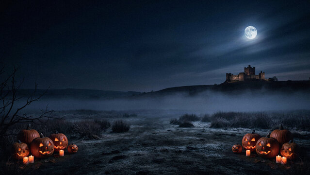 Halloween Jack-O-Lanterns in Misty Moorland Field with Distant Castle and Full Moon