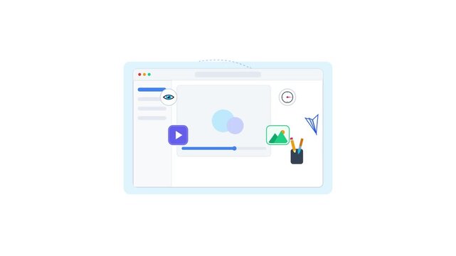 A flat design web browser interface demonstrates content creation, digital marketing, and website optimization with a paper airplane flying around media and analytics icons.