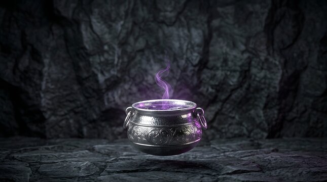 Antique silver cauldron with boiling purple smoke inside dark stone cave.