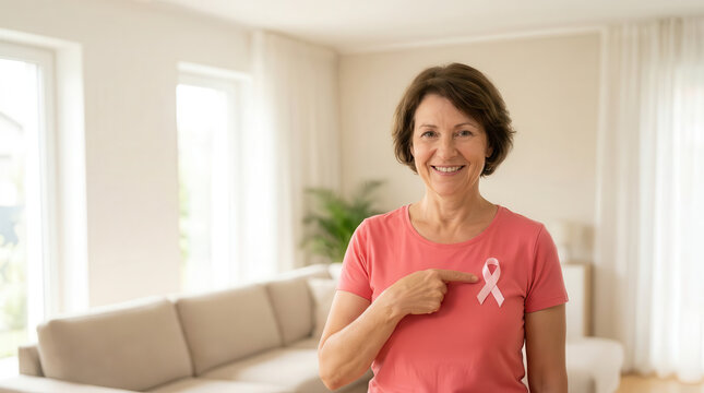 Smiling middle aged woman showing pink breast cancer awareness ribbon on shirt in a bright house, symbolizing hope, early detection, prevention, support, women's health and cancer awareness
