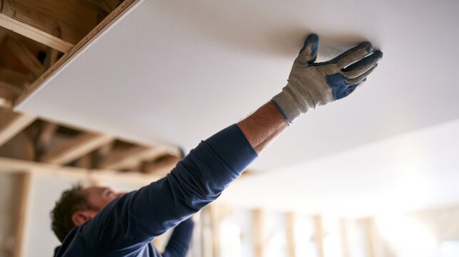 A person wearing gloves installs a drywall sheet on a ceiling frame in a construction site.