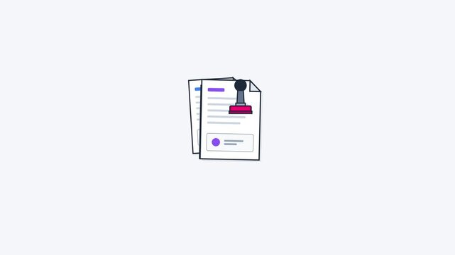 Business documents being processed, stamped with an approval seal, and organized into a filing cabinet tray for efficient digital archive management.