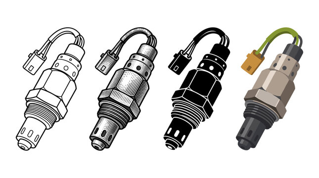 Car oxygen sensor in four designs outline engraving silhouette and color vector illustration