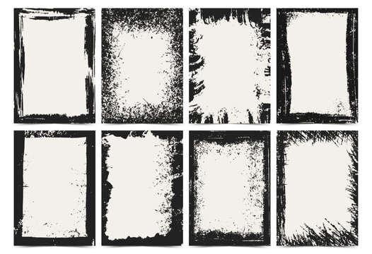 Grunge frame set with distressed black ink borders, scratched overlays and paint brush stroke edges on light background. Vintage noise border collection. Vector illustration for photo, poster, print.