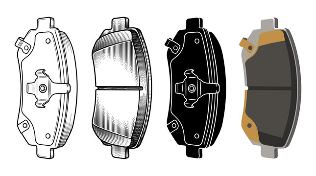 Car brake pad in four designs outline engraving silhouette and color vector illustration