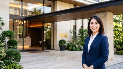 Fototapeta premium プロフィール写真をイメージした、高級マンションの玄関を背景に立ち、穏やかな笑顔をカメラに向けている知的な印象の20代日本人女性社員のバストアップポートレート