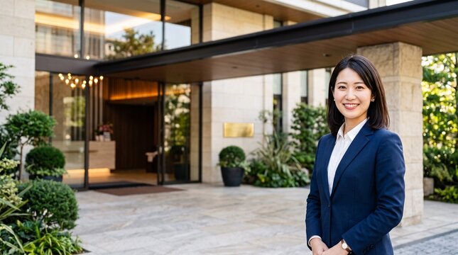 プロフィール写真をイメージした、高級マンションの玄関を背景に立ち、穏やかな笑顔をカメラに向けている知的な印象の20代日本人女性社員のバストアップポートレート