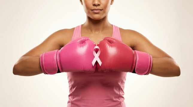 Female boxer in pink gloves and breast cancer awareness ribbon in a firm fighting stance, showing strength, hope, courage, resilience, empowerment, support, care and breast cancer awareness