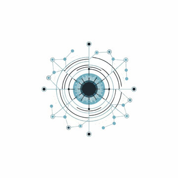 Abstract biometric iris scan featuring concentric circles and quantum data nodes, centered composition on a clean white background, high-tech security aesthetic, minimalist flat vector artwork,