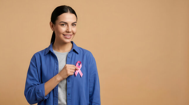 Smiling young woman holding pink ribbon over her heart while wearing blue shirt, symbolizing breast cancer awareness, hope, support, early detection, prevention, women&rsquo;s health and advocacy
