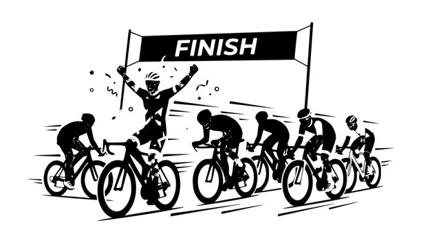 Victorious cyclist raising arms after final sprint at race finish line vector sports illustration