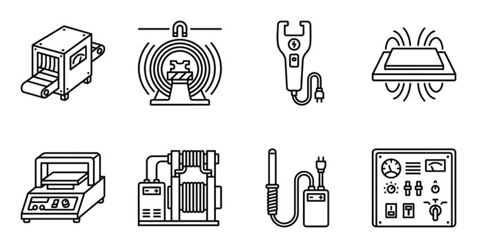 Line art industrial demagnetizer and induction heating equipment icons set