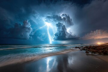 Fototapeta premium Lightning storm over a tranquil beach at night