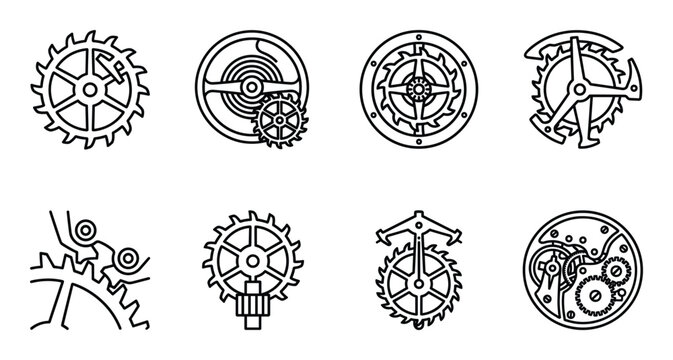 Mechanical gear icons set, clockwork watch parts line art design