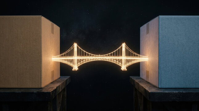 Light bridge connecting two cardboard boxes on wooden tables in dark background, symbolizing connection and communication