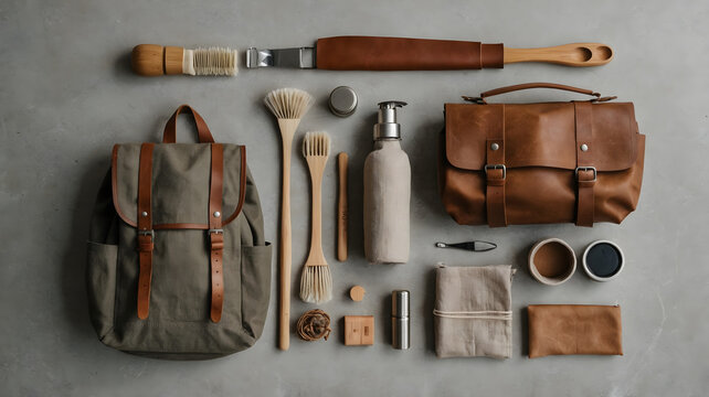 Flat lay artisan leather craft tools and backpack canvas