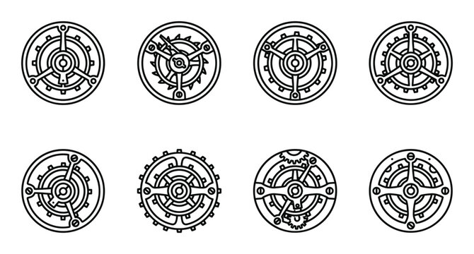 Mechanical watch tourbillon cage icons, intricate gear mechanism outline set