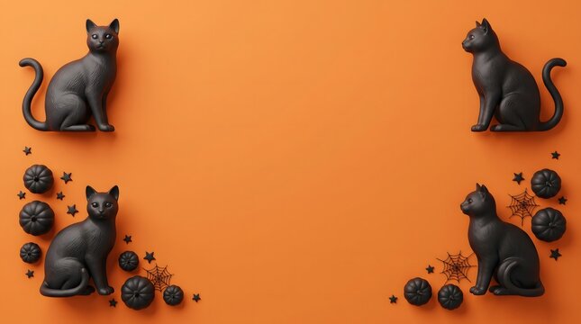 Four black cats and pumpkin decorations arranged on an orange background for halloween