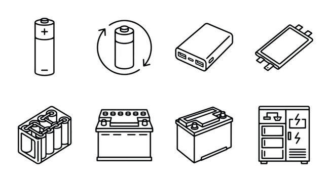 Battery Icons Set: Power Sources, Energy Storage, Rechargeable, Car, Technology, Vector Graphics