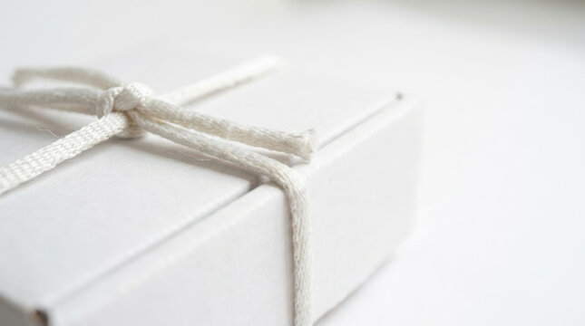 White gift box tied with cotton cord bow on white background, simple and elegant packaging for present or shipping