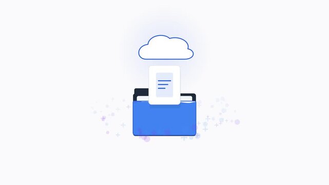 Digital cloud storage and data backup process showing files and documents uploading from a folder to a cloud network for secure information hosting and database management