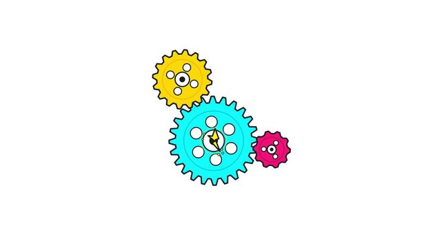 Colorful gear mechanism with clock hands rotating and exploding into small particles on white background