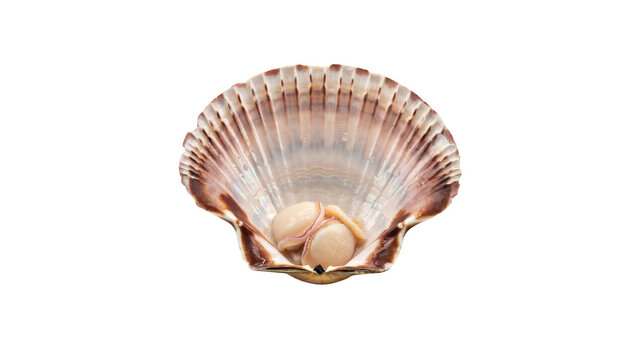An open scallop shell containing two small, round, light-colored scallop meat pieces inside, isolated on a solid black background, view