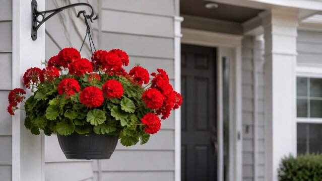 Plastic hanging geranium basket &ndash; red blooms on a porch photo authentic detail authentic detail