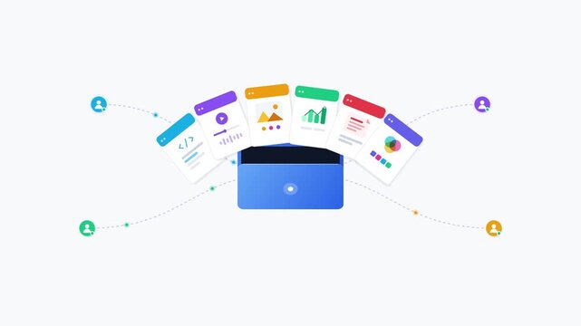 Digital folder opens to show various file types connecting with user avatars for cloud sharing and team collaboration concept
