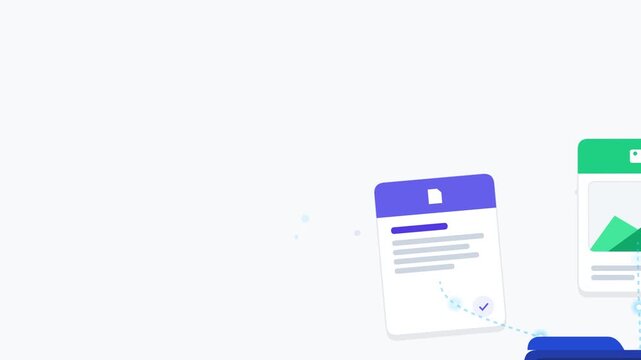 Digital document files transferring into a folder symbolizing cloud storage data organization and secure file management workflow