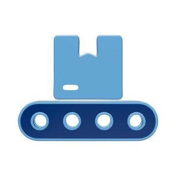 3D rendered icon of a cardboard box moving on a conveyor belt, featuring a glossy blue finish on a transparent background, for logistics and shipping isolated on a transparent background